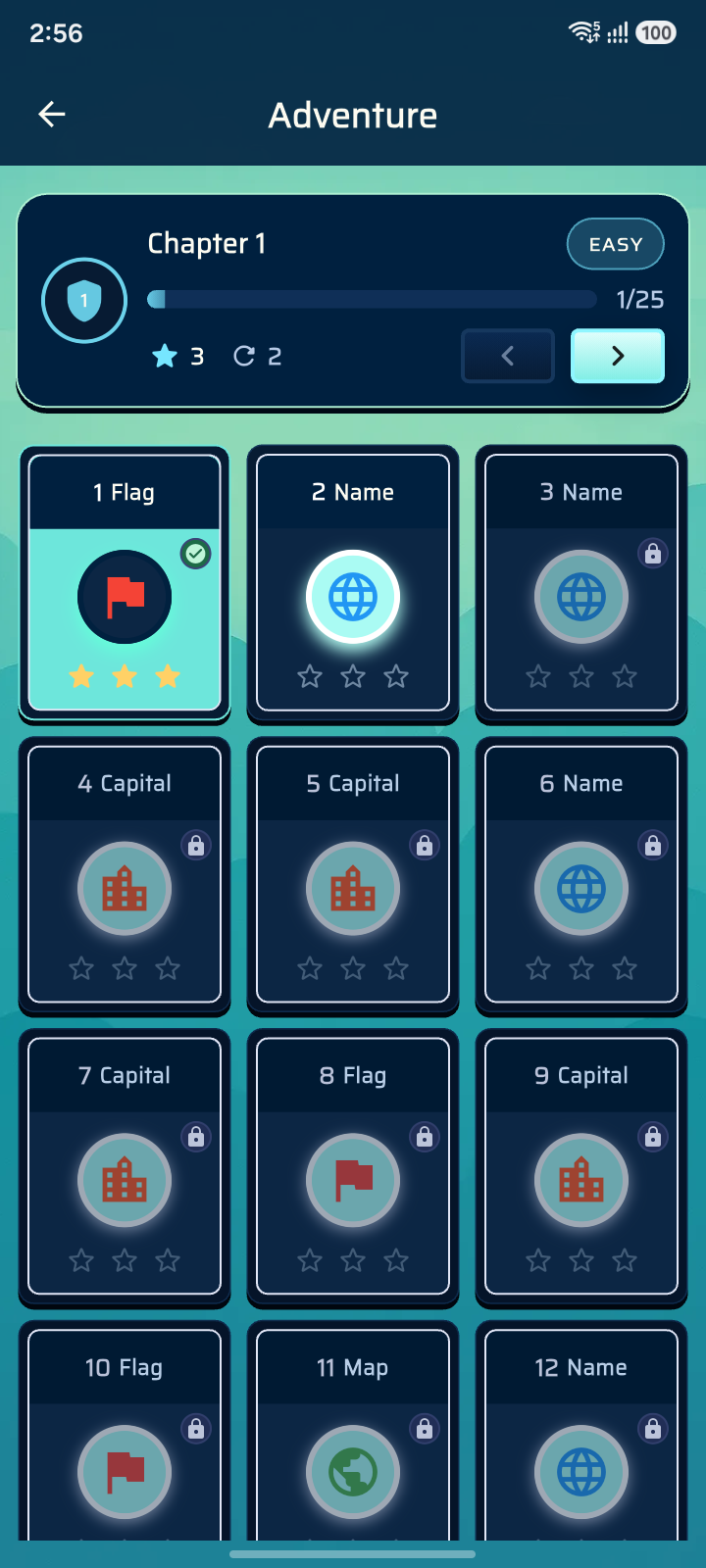 Geo Quiz chapter-based adventure levels