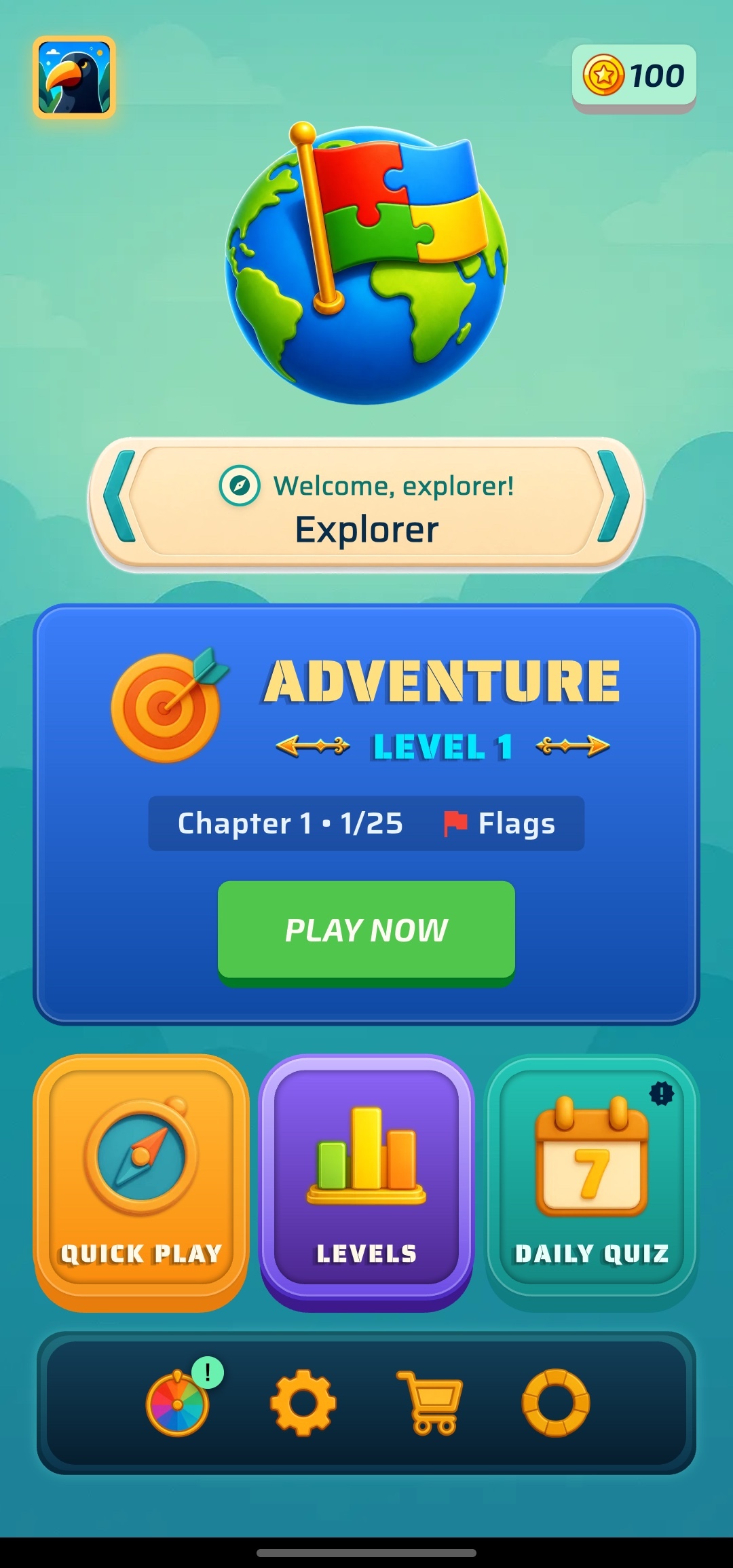 Geo Quiz home screen with game modes and daily challenge