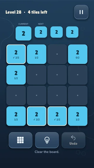 Adventure level 28 with a 4 by 4 board and a finite supply of blue 2 tiles.