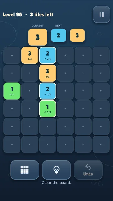 A 6 by 6 Adventure puzzle with numbered tiles and a visible next-tile queue.