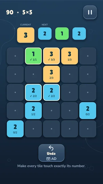 Touch Count Endless: a 5 by 5 board with green 1, blue 2 and yellow 3 tiles, neighbour counts and the next three tiles.