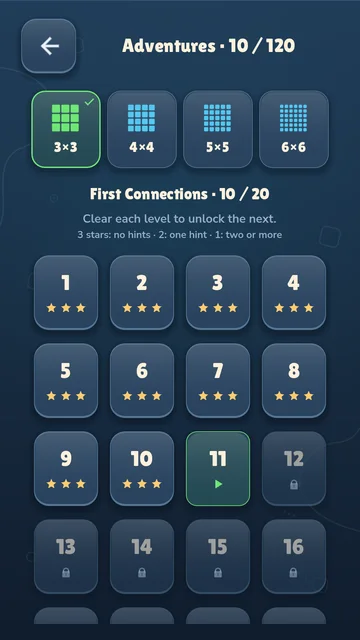 Adventure level picker showing chapters and saved level progress.